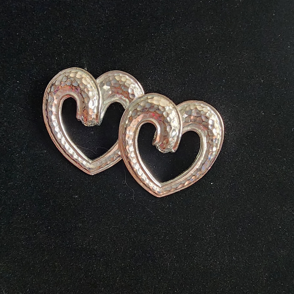 Vintage Silvertone Textured Double Heart Brooch